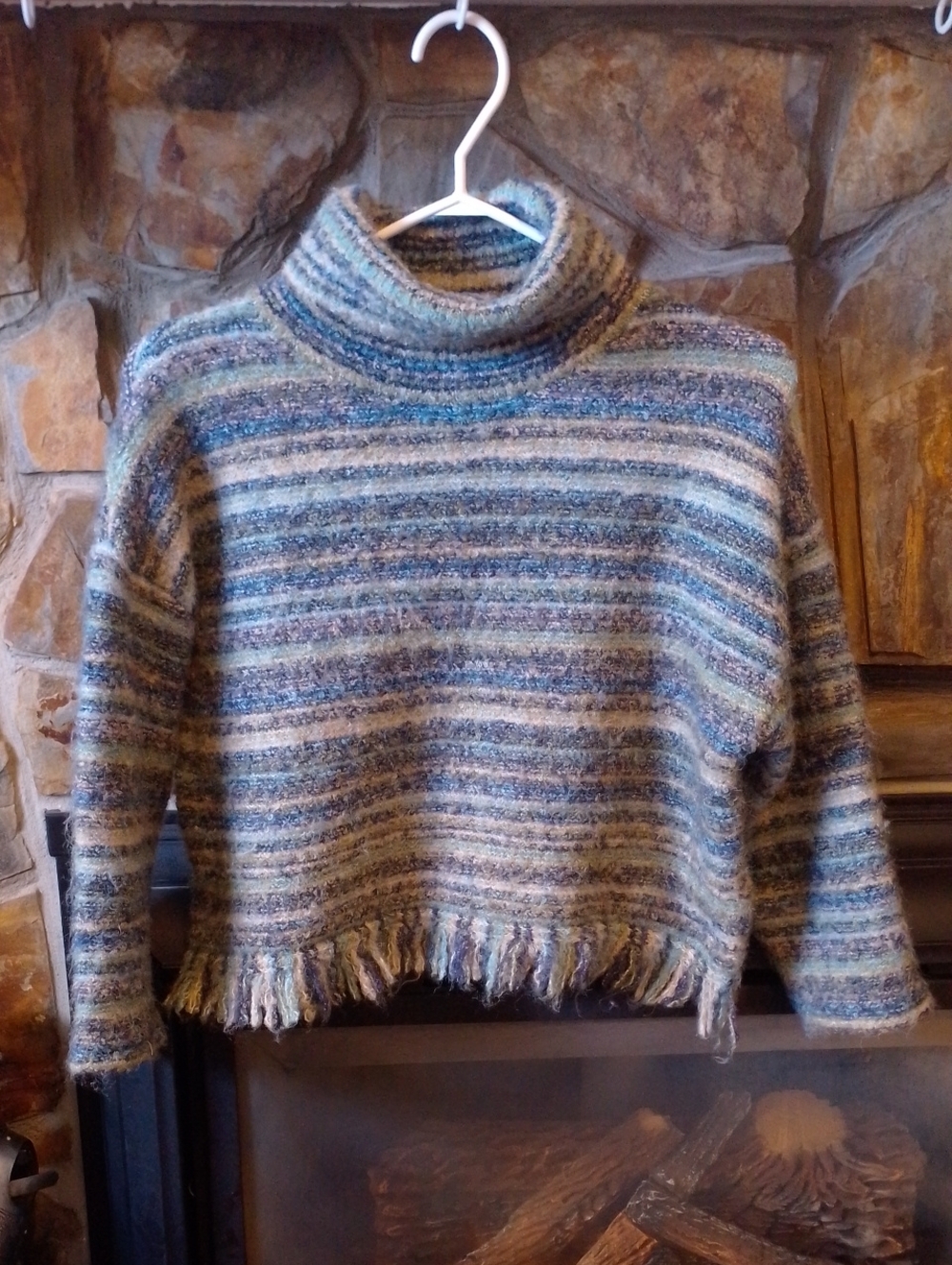 Zara Blue and Cream Striped Turtleneck Sweater Cropped with Fringe